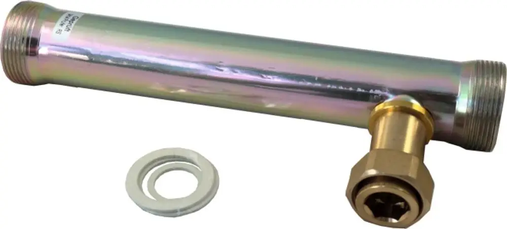 Rücklaufrohr aus Metall mit Anschluss für eine Verrohrungsgruppe, geeignet für den Mischerkreis. Produkt von Wolf.